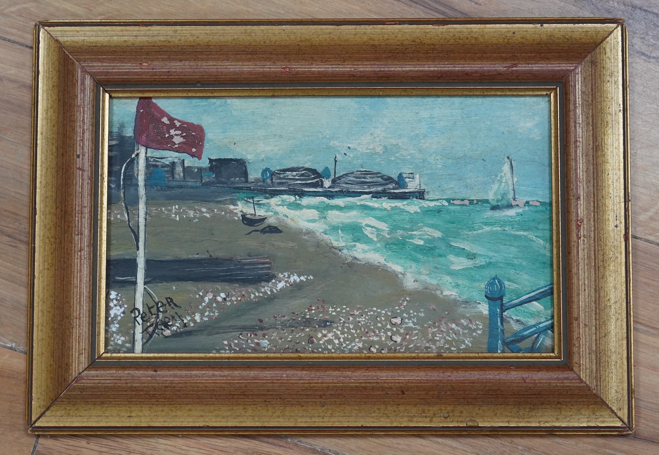 Peter Tidey, oil on board, Coastal view with pier, indistinctly signed lower right, 13.5 x 23.5cm